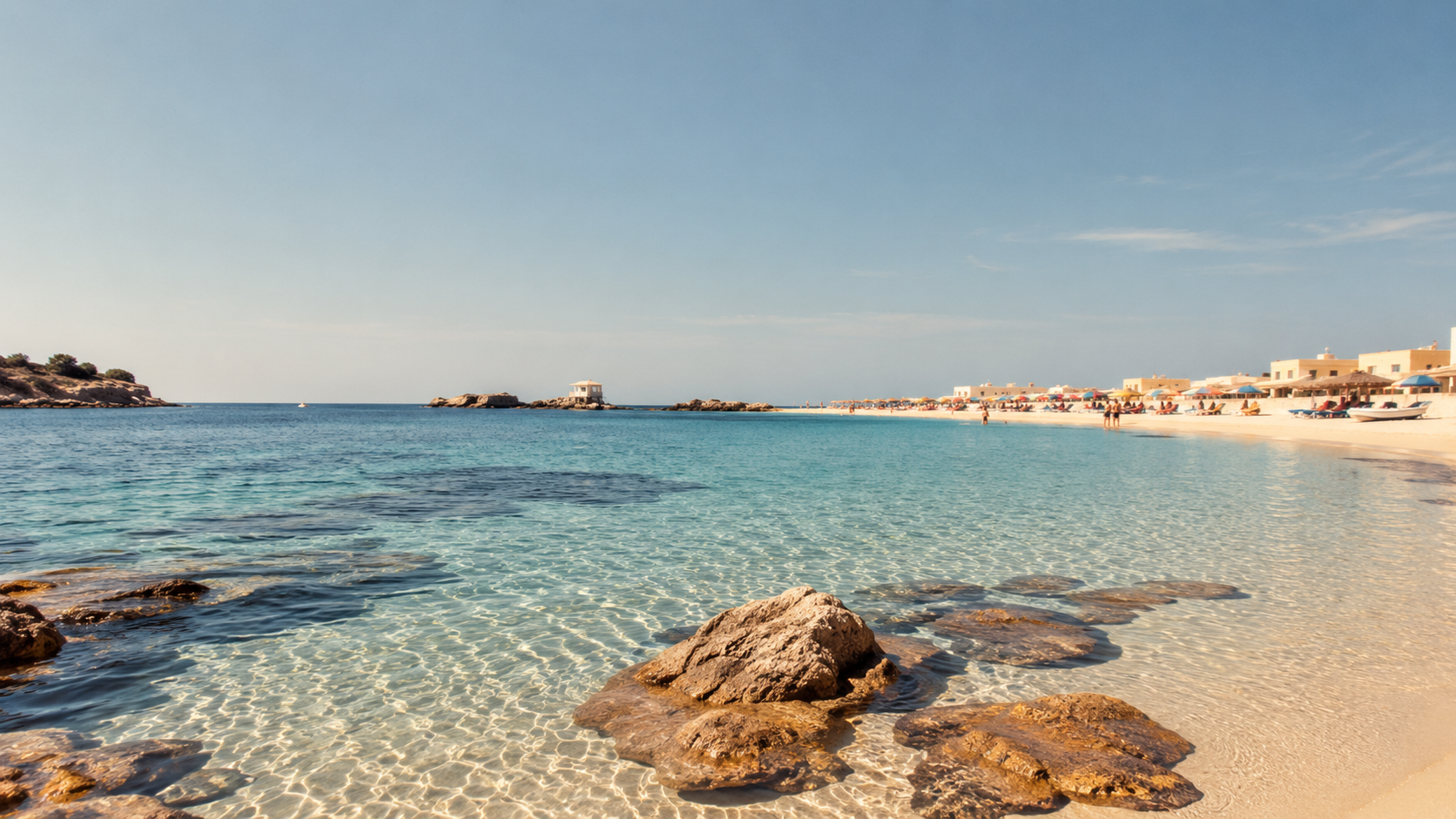 A quiet Mediterranean shoreline with clear blue water, sunlit rocks and white buildings along the beach.