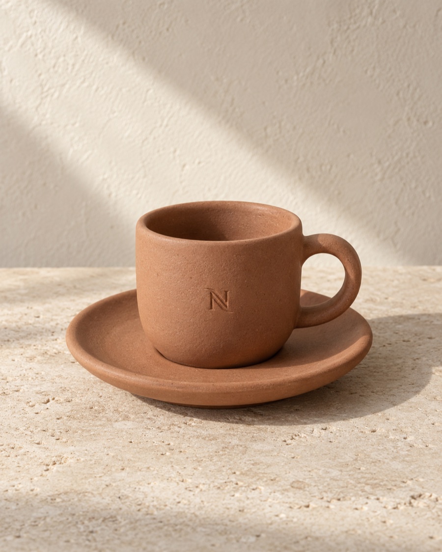 NOSTOS concept espresso set in terracotta, photographed on warm limestone.