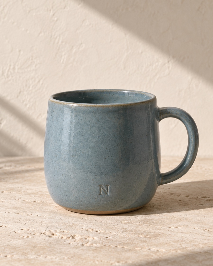 NOSTOS concept morning cup in coastal blue, photographed on warm limestone.