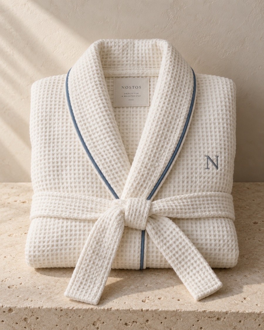 NOSTOS concept spa robe in coastal blue, photographed on warm limestone.