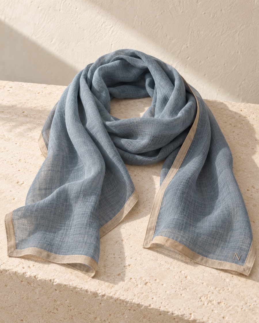 NOSTOS concept coastal scarf in coastal blue, photographed on warm limestone.